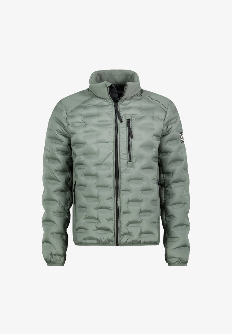 Hellgrüne gepolsterte Jacke mit hohem Kragen, Reißverschlusstaschen auf der Vorderseite und der Brust sowie elastischen Bündchen an den Ärmeln.