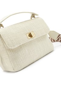 Small beige textured fabric handbag with gold clasp, short handle, and detachable brown patterned shoulder strap.