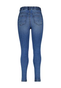 Blauwe denim leggings met een elastische tailleband, voorzien van twee achterzakken en een aansluitend ontwerp dat naar de enkels toe smaller wordt.