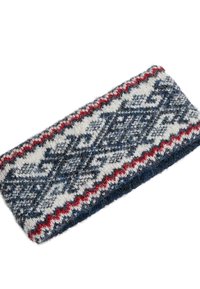 Neulottu pääpanta kermaan, laivastonsiniseen ja punaiseen sävyissä, jossa geometrisia kuvioita; pehmeä ja pörröinen rakenne. Suorakulmainen muoto koristeellisilla reunoilla.