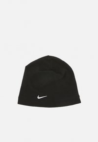 Svart fleece mössa med en mjuk textur, prydd med en vit Nike-logotyp på framsidan, designad i en strömlinjeformad form för värme.