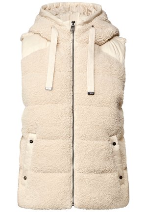 Gilet sans manches en duvet de couleur crème avec une texture semblable à de la fourrure, des panneaux matelassés, une capuche et deux poches avant, doté d'une fermeture éclair à l'avant.