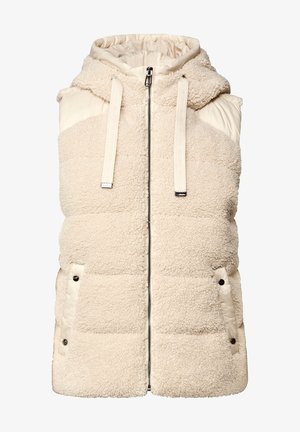 Cremefarvet ærmeløs puffer vest med en pelslignende tekstur, kviltede paneler, hætte og to forlommer, der har en lukning med lynlås foran.