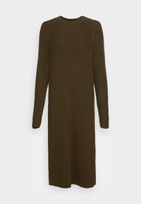 Dlouhé, žebrované šaty z jemného úpletu v tmavě olivové barvě s kulatým výstřihem, dlouhými rukávy a bočními rozparky pro lepší pohyb. Měkká, strukturovaná pletenina.