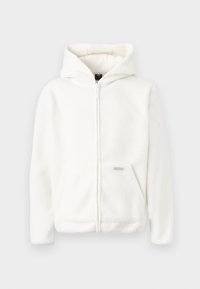 White fleece hoodie with a full zipper, large hood, and front pocket. Soft texture and simple design, featuring a small logo accent.