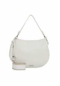 White leather handbag with a curved shape, adjustable strap, silver hardware, and a small logo tag. Features a textured surface.