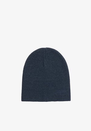 Knitted dark blue beanie hat with a smooth texture and a rounded crown. Features a subtle logo stitched on the side.