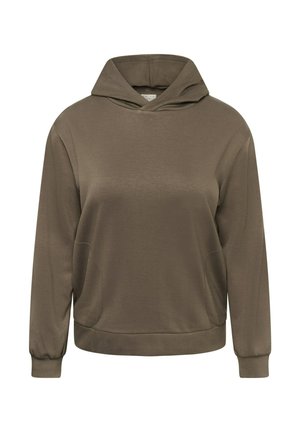 Olijf groene hoodie gemaakt van zachte stof, met een kangoeroe zak, ribgebreide boorden en een capuchon met trekkoord. Glad textuur en een ontspannen pasvorm.