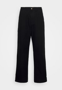 Pantalones rectos negros de tela de algodón resistente, con cierre de botón, trabillas para cinturón y un acabado limpio sin patrones visibles.