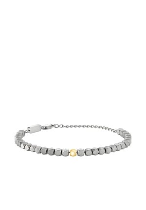 Sølvarmbånd i metal med sekskantede elementer og en enkelt gulddetalje. Justerbar kædelukning med et elegant, geometrisk design.