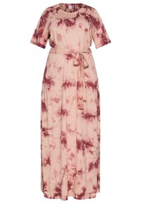 Maxime dress made of soft, light pink fabric with a maroon tie-dye pattern. It has a round neckline, short sleeves, and a belted waist.