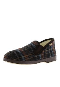 Zapatillas de lana a cuadros marrones y azules con un diseño slip-on, que cuentan con un suave forro de piel y una suela de goma para uso en interiores.