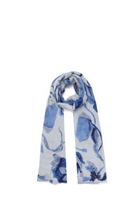 Sciarpa leggera con un motivo astratto blu e grigio, realizzata in tessuto morbido con bordi sfilacciati per un effetto di texture.