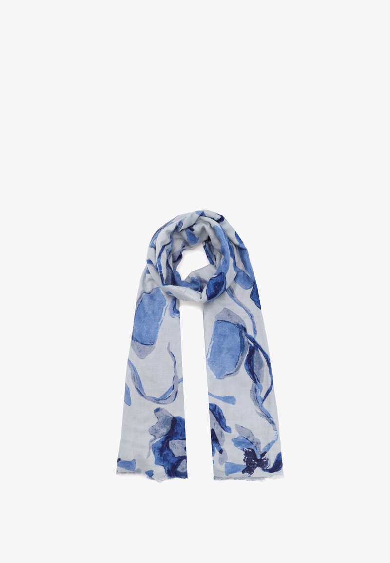 Sciarpa leggera con un motivo astratto blu e grigio, realizzata in tessuto morbido con bordi sfilacciati per un effetto di texture.