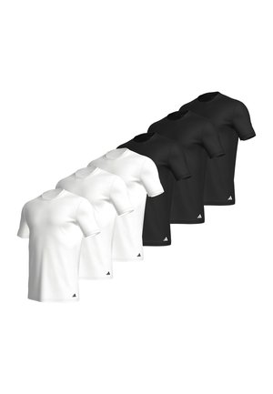 Schwarzes Baumwoll-T-Shirt mit kurzen Ärmeln, Rundhalsausschnitt und strukturiertem Finish; verfügt über ein kleines weißes Logo auf der unteren linken Seite. Graue Boxershorts sind sichtbar.