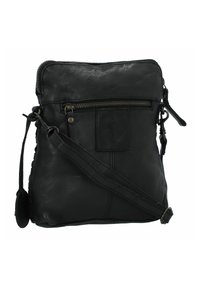 Borsa a tracolla in pelle nera con chiusura a zip, tasca frontale e tracolla regolabile. Superficie strutturata con dettagli di cucitura.