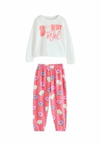 White long-sleeve top with pink "DONUT BE JEL" text, paired with pink pants featuring a multicolored donut print. Soft cotton material.