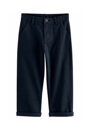 Mørkeblå bomulds chinos med lige ben, der har sidelommer, opsmøget kant og knaplukning i taljen. Glat tekstur, minimalistisk design.
