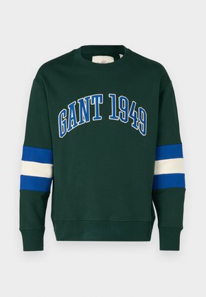 Grønn hettegenser med "GANT 1949" brodert i hvitt og blått. Har blå og hvite stripete detaljer på ermene. Laget av myk bomull.
