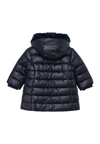 Navy Pufferjacke mit Kapuze und Kunstfellbesatz, ausgestattet mit einem gesteppten Design, kurzen Ärmeln und gerippten Bündchen für zusätzliche Wärme.