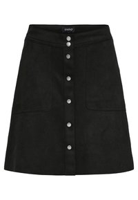 Schwarzer A-Linien-Rock mit vorderen Metall-Druckknöpfen und großen Fronttaschen, mit einem gebrandeten Taillenbandetikett.