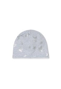 Graue Mütze mit silbernen Sternmustern, aus weichem Stoff, mit abgerundetem Oberteil und nahtlosem Innenleben für Komfort.