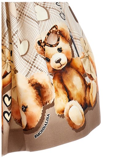 Un tissu marron clair présentant des ours en peluche avec un nœud en imprimé léopard, des cœurs et des accents floraux, étiqueté avec "#MONNALISA."