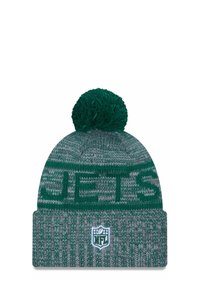 Grüne und graue gestrickte Mütze mit einem Pompon oben, mit dem Text "JETS" und einem NFL-Logo-Patch am Bündchen.