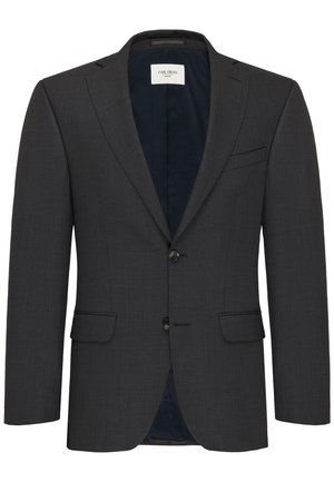 Schiefergrauer Blazer mit fallendem Revers, Zwei-Knopf-Verschluss und Seitentaschen. Strukturiertem Stoff und kontrastierender Innenauskleidung.