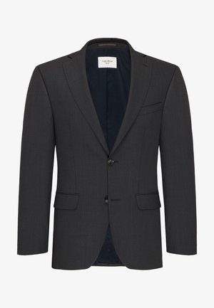 Kolen grijze blazer met een notch revers, dubbele knoopsluiting en zijzakken. Geweven stof en contrasterende binnenvoering.
