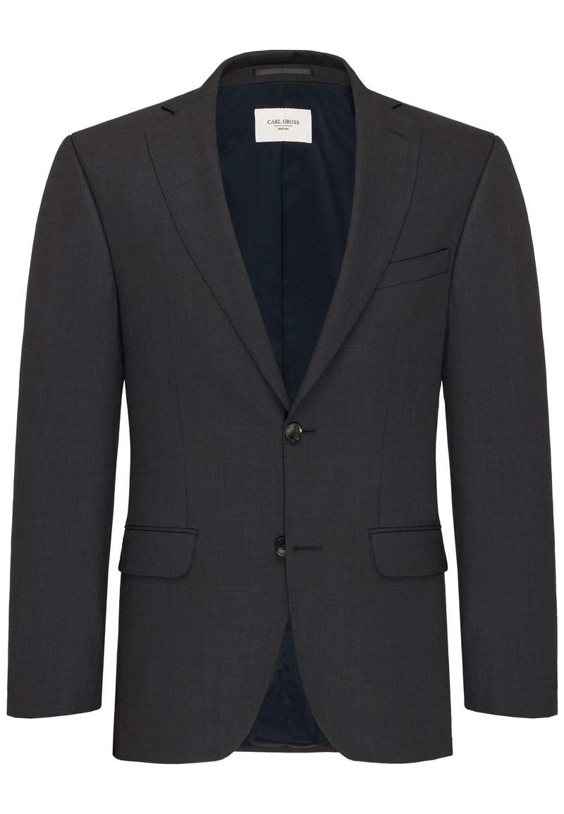 Schiefergrauer Blazer mit fallendem Revers, Zwei-Knopf-Verschluss und Seitentaschen. Strukturiertem Stoff und kontrastierender Innenauskleidung.