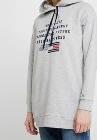 Hoodie gris clair avec cordon de serrage, comportant un texte et un logo de drapeau sur le devant. Le tissu a une texture douce et une coupe décontractée.