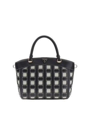 Sac cabas tissé noir et beige avec deux poignées arrondies, ferrure argentée et petit logo triangulaire Guess en haut au centre.