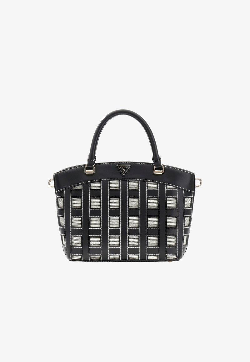 Sac cabas tissé noir et beige avec deux poignées arrondies, ferrure argentée et petit logo triangulaire Guess en haut au centre.