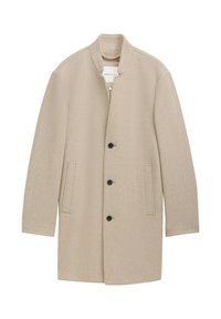 Beige Mantel mit Stehkragen, aus einem strukturierten Stoff, mit Knopfverschluss und zwei seitlichen Taschen, entworfen in einer geraden Silhouette.