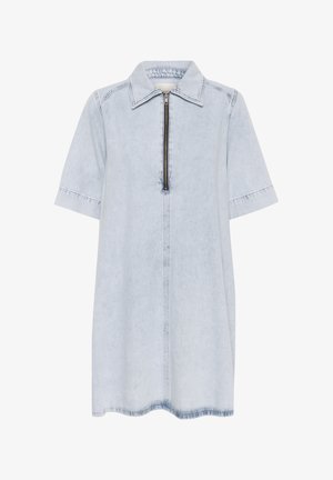 Vestito in denim azzurro chiaro con colletto, maniche corte e zip frontale. Presenta una silhouette dritta e dettagli di cucitura sottili.