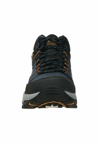 Schwarzer und blauer Wanderschuh mit orangefarbenen Schnürschlaufen, schwarzen und blauen Schnürsenkeln sowie einer robusten Sohle, von vorne betrachtet.