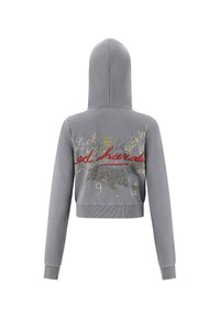 Grijze hoodie met lange mouwen, geborduurd met rode en gouden tekst en een subtiele luipaardafbeelding op de achterkant.