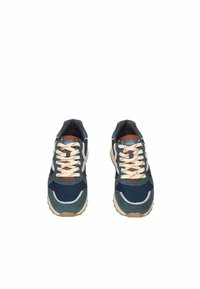 Zapatillas deportivas azul marino con malla texturizada y acentos de ante, con cordones color crema, suela acolchada y forro estampado.