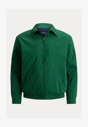 Vihreä vetoketjullinen takki kauluksella, joustavalla helmalla, sivutaskuilla ja pienellä tummansinisellä Polo Ralph Lauren -logolla rinnassa.