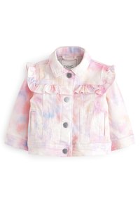 Veste en denim aux motifs tie-dye pastel, avec un col volé, des boutons à l'avant et des poches latérales. Le dégradé de couleurs comprend du rose, du bleu et du blanc.