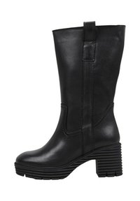 Botte en cuir noir jusqu'au genou avec un talon épais et strié, des détails de couture latérale et une boucle en haut pour un enfilage facile.