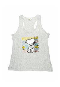 Canottiera grigia con illustrazioni di Snoopy e Woodstock, con testo colorato "WOODSTOCK" e "PEANUTS" in vari caratteri.