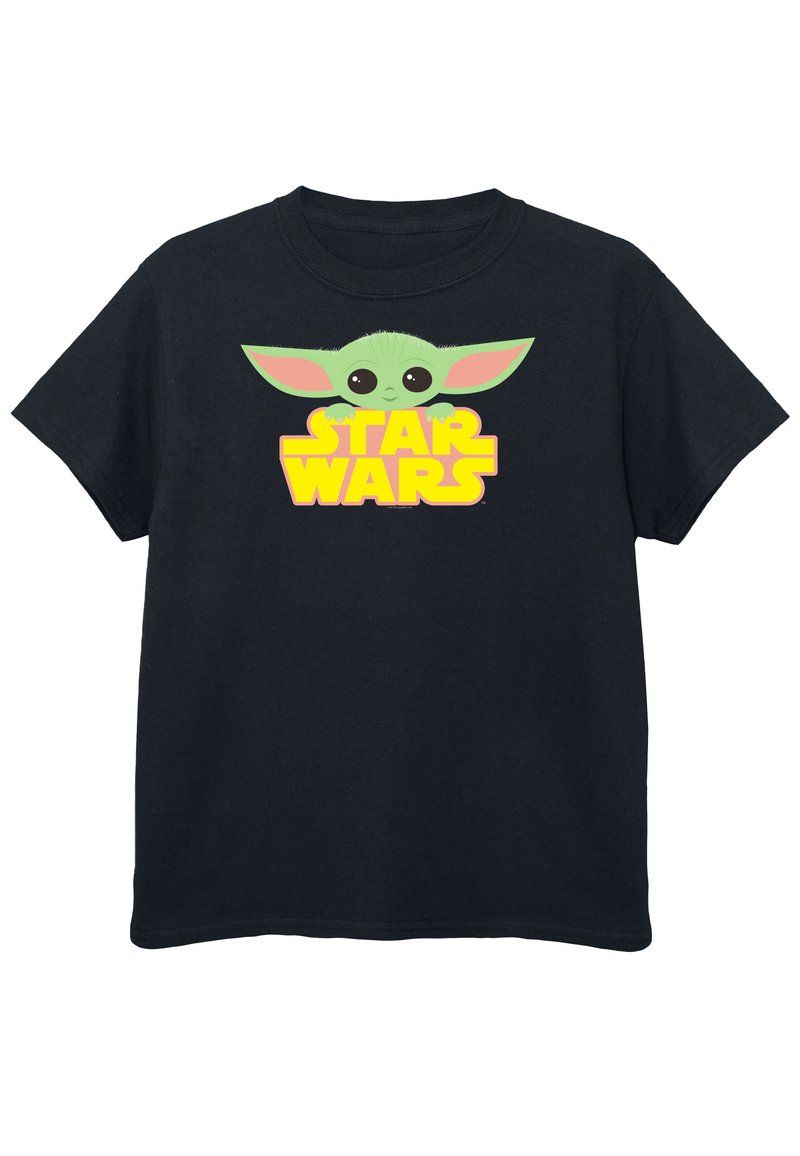 Tricou din bumbac negru cu un personaj de desene animate verde, având urechi mari, deasupra textului galben "STAR WARS". Design cu mâneci scurte și guler rotund.