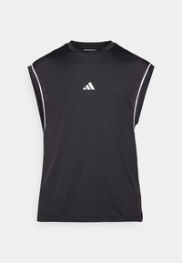 Black athletic sleeveless top with a round neckline, white accents along the armholes, and a small white Adidas logo on the chest.
