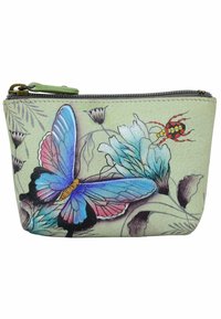 Grünzipper-Täschchen mit einem blau-rosa Schmetterlingsdesign auf floralem Hintergrund, mit weicher Textur und goldfarbenen Beschlägen.