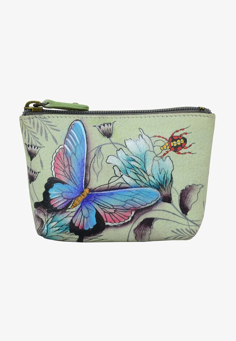 Green zippered pouch featuring a blue and pink butterfly design on a floral background, with a soft texture and gold hardware.