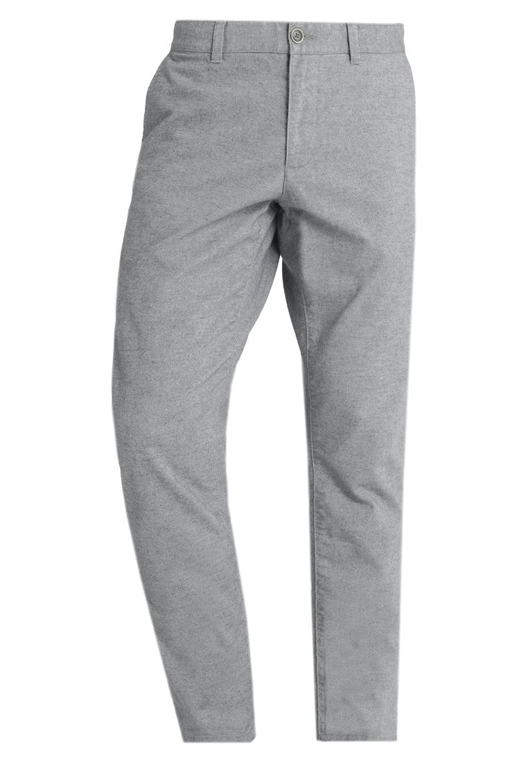 Pantalones ajustados de color gris claro con trabillas, botón frontal y bolsillos laterales, exhibidos sobre un fondo blanco liso.