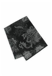 Schwarzer Schal mit einem grauen Paisleymuster. Weicher Griff mit fransigen Kanten. Rechteckige Form, geeignet für verschiedene Wickelstile.