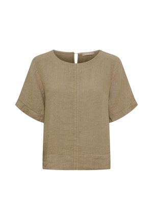 Kortærmet, lysebrun linnedbluse med rund halsudskæring og knaplukning bagpå med hul, foran lodret sømdetalje.